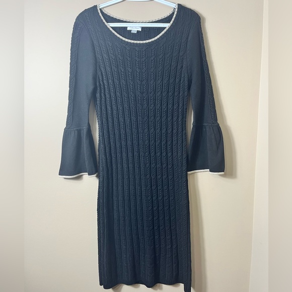 Calvin Klein Cable Knit Sweater Dress Bell Sleeve Black Gold Trim Large Holiday - Picture 1 of 9